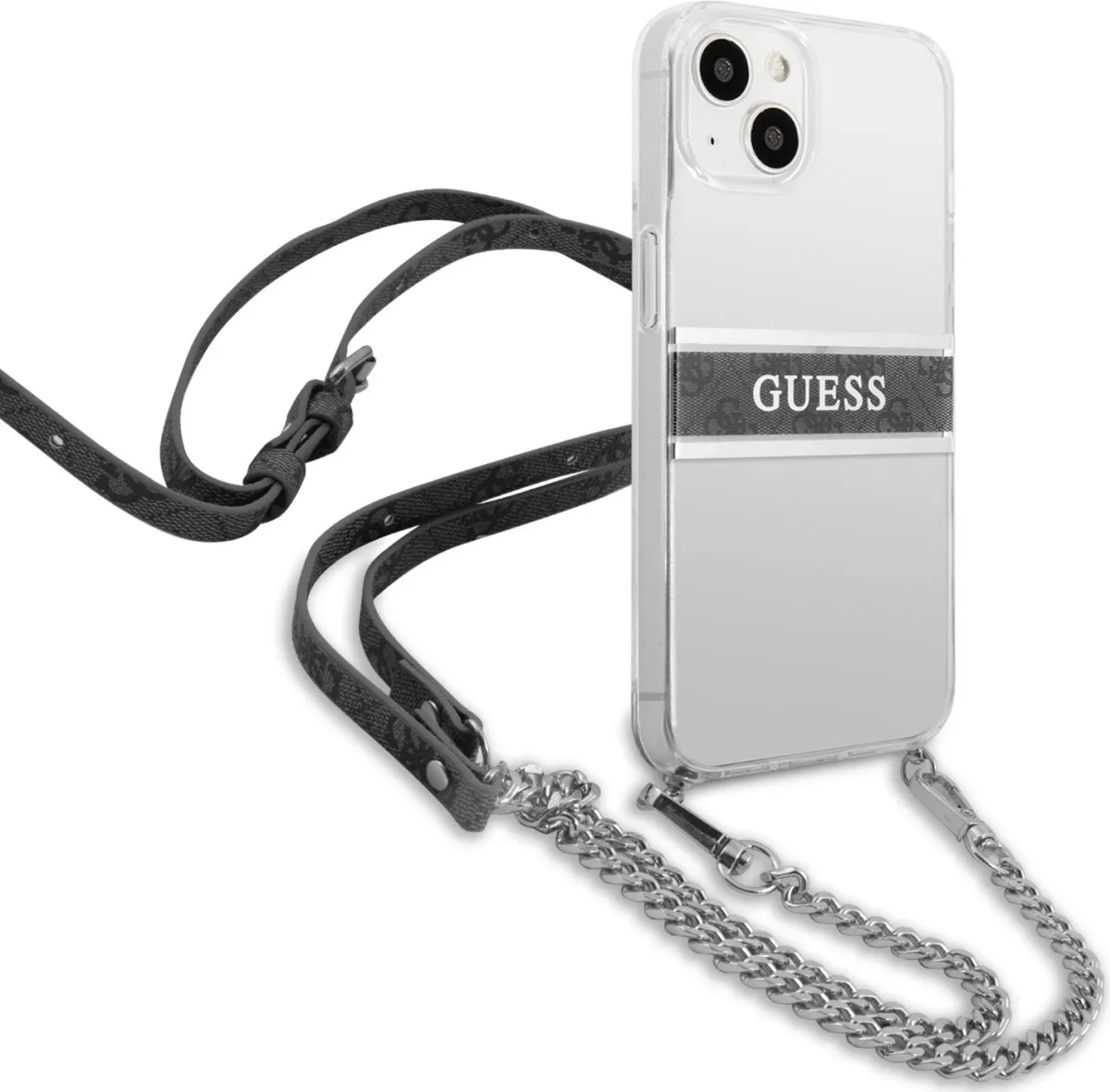 Guess PC/TPU Transparent Case 4G Stripe With Crossbody Chain For iPhone 13 (6.1) - Silver