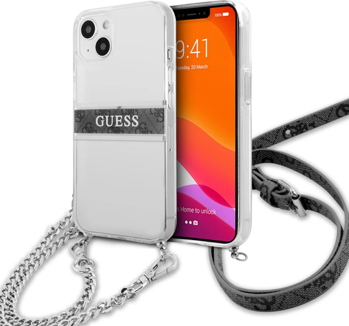 Guess PC/TPU Transparent Case 4G Stripe With Crossbody Chain For iPhone 13 (6.1) - Silver