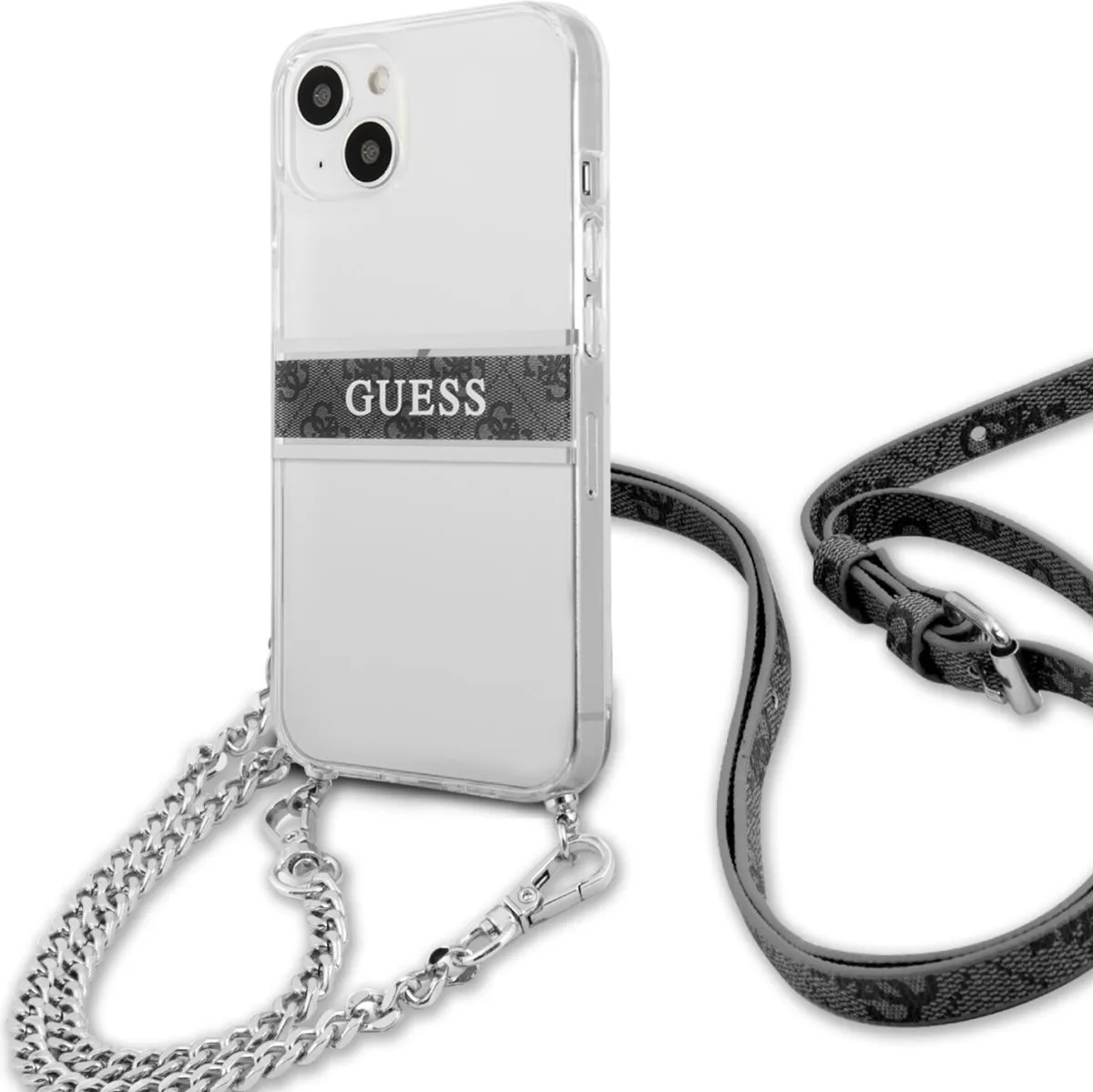 Guess PC/TPU Transparent Case 4G Stripe With Crossbody Chain For iPhone 13 (6.1) - Silver