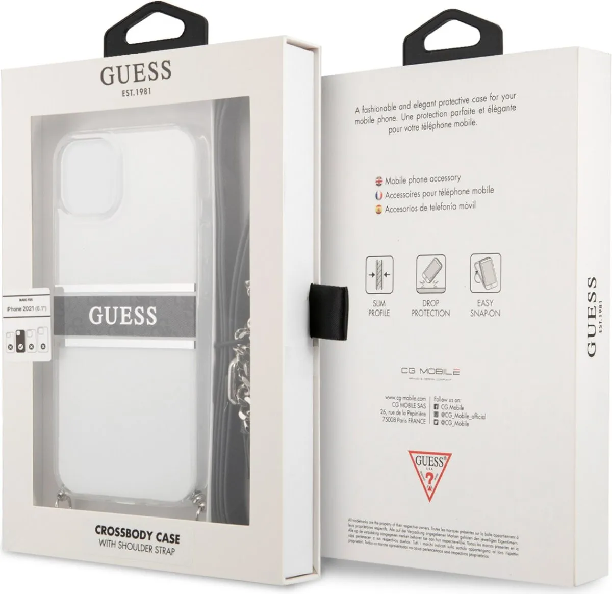 Guess PC/TPU Transparent Case 4G Stripe With Crossbody Chain For iPhone 13 (6.1) - Silver