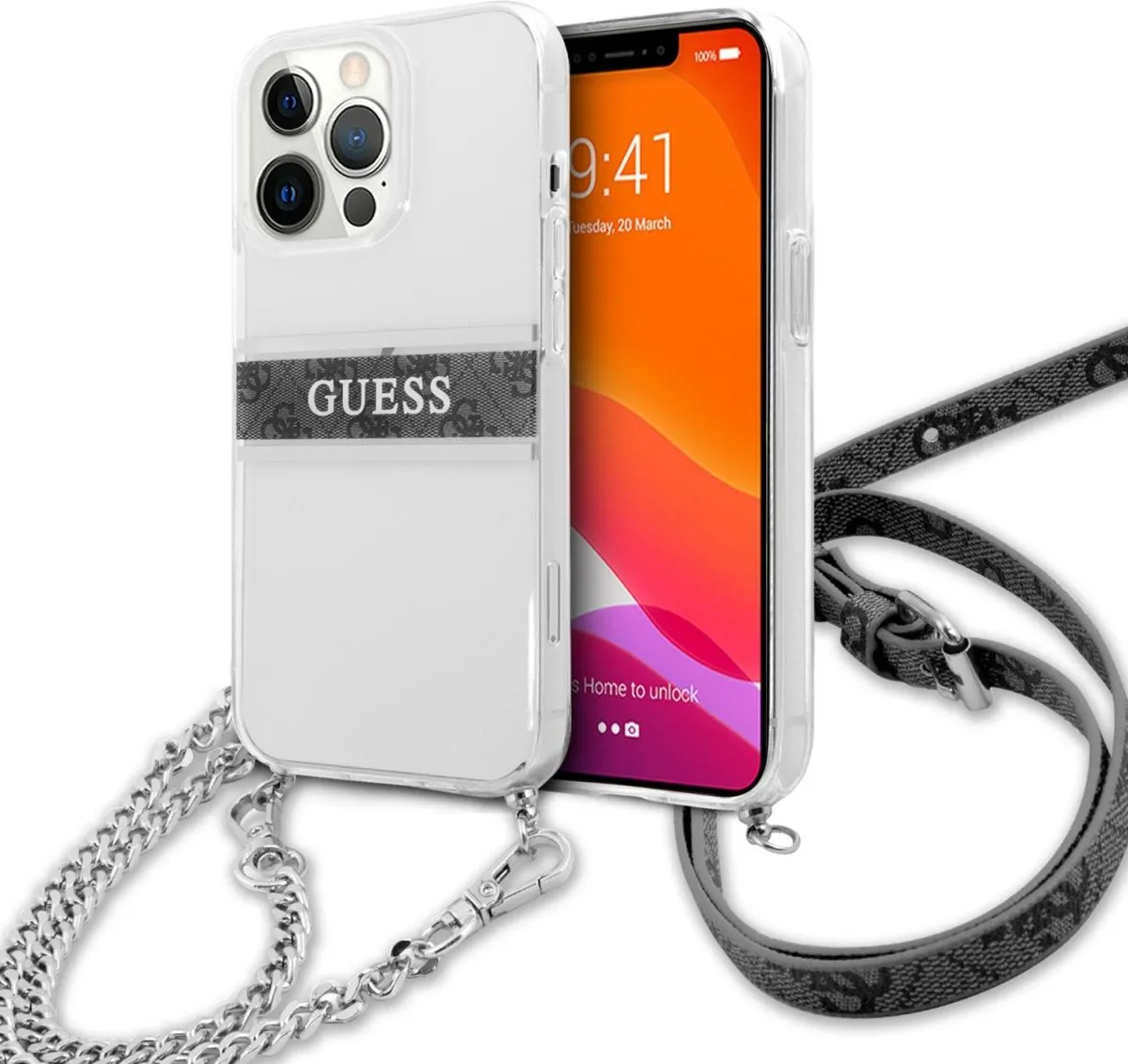 Guess PC/TPU Transparent Case 4G Stripe With Crossbody Chain For iPhone 13 Pro (6.1) - Silver