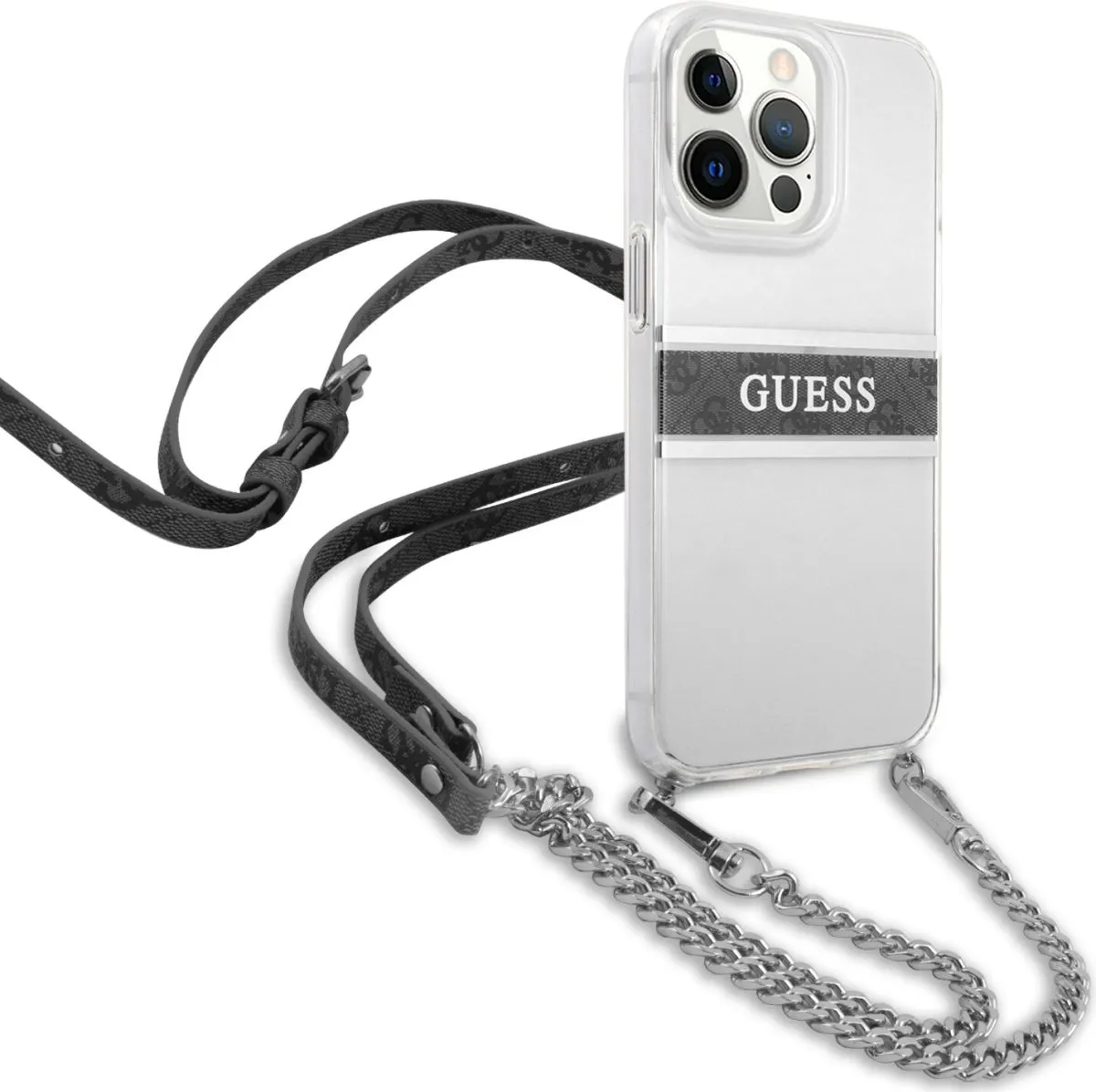 Guess PC/TPU Transparent Case 4G Stripe With Crossbody Chain For iPhone 13 Pro (6.1) - Silver
