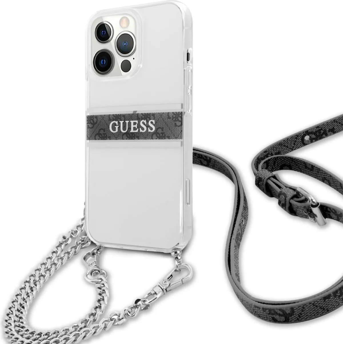 Guess PC/TPU Transparent Case 4G Stripe With Crossbody Chain For iPhone 13 Pro (6.1) - Silver