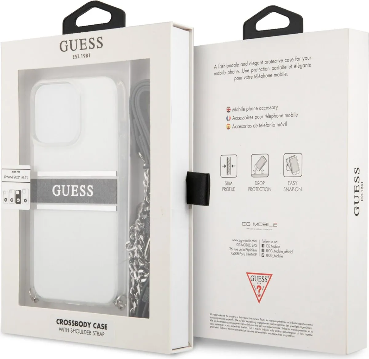Guess PC/TPU Transparent Case 4G Stripe With Crossbody Chain For iPhone 13 Pro (6.1) - Silver