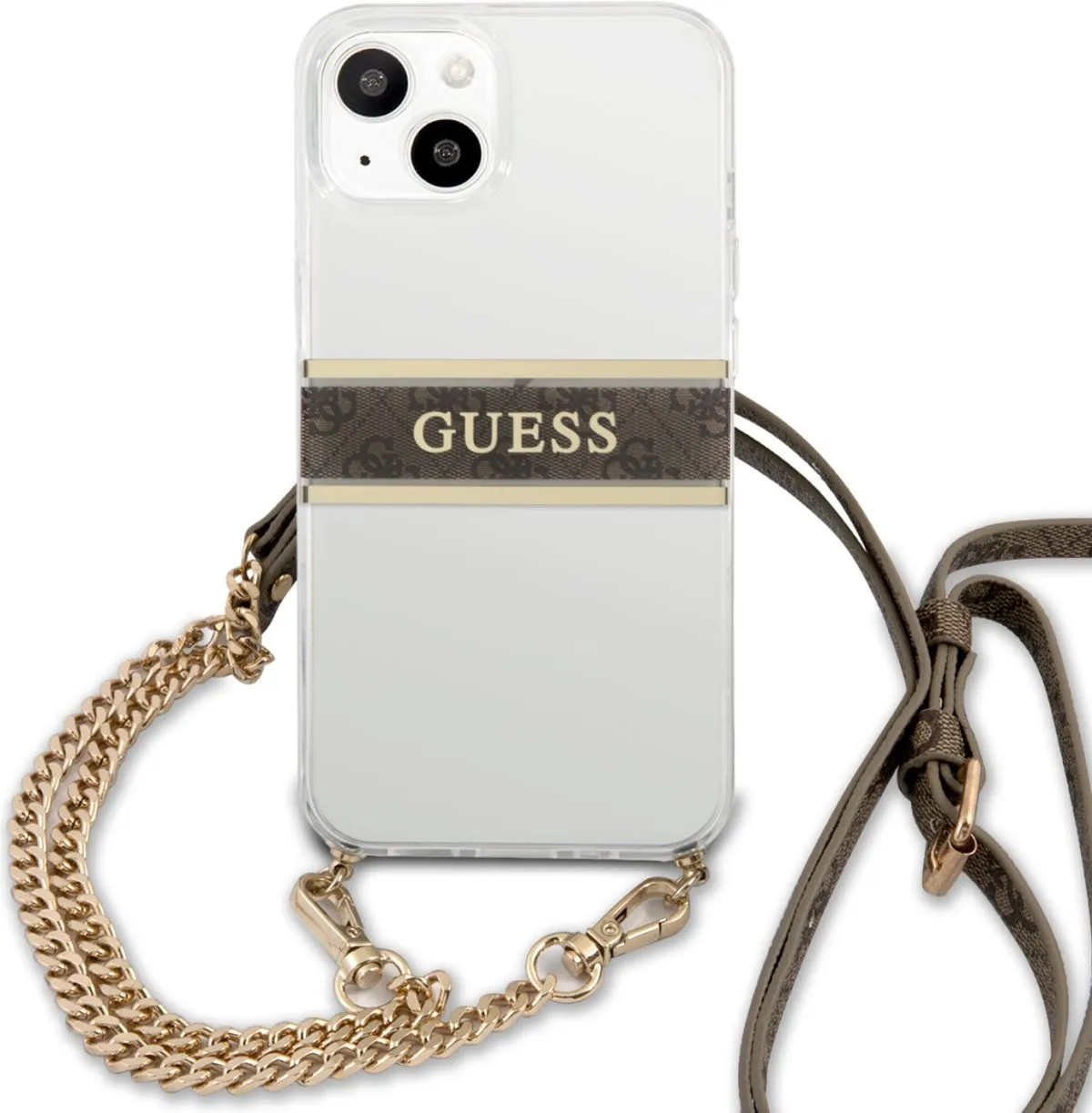 Guess PC/TPU Transparent Case 4G Stripe With Crossbody Chain For iPhone 13 (6.1) - Gold