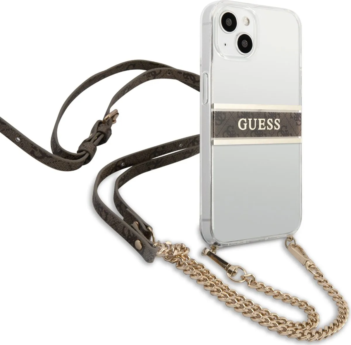 Guess PC/TPU Transparent Case 4G Stripe With Crossbody Chain For iPhone 13 (6.1) - Gold