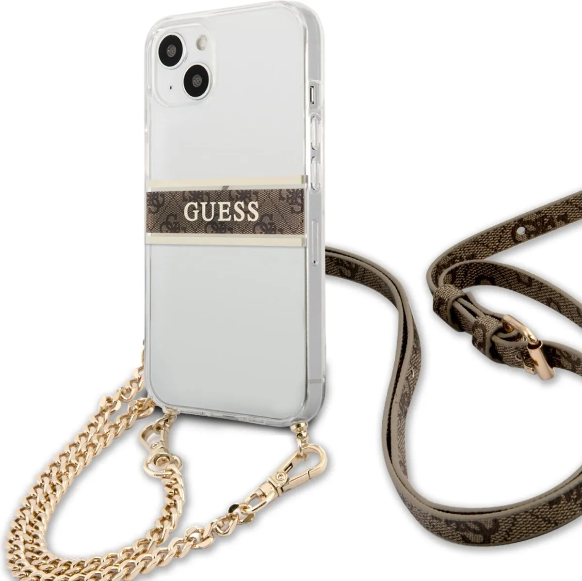 Guess PC/TPU Transparent Case 4G Stripe With Crossbody Chain For iPhone 13 (6.1) - Gold