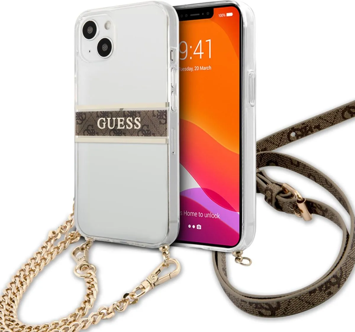 Guess PC/TPU Transparent Case 4G Stripe With Crossbody Chain For iPhone 13 (6.1) - Gold