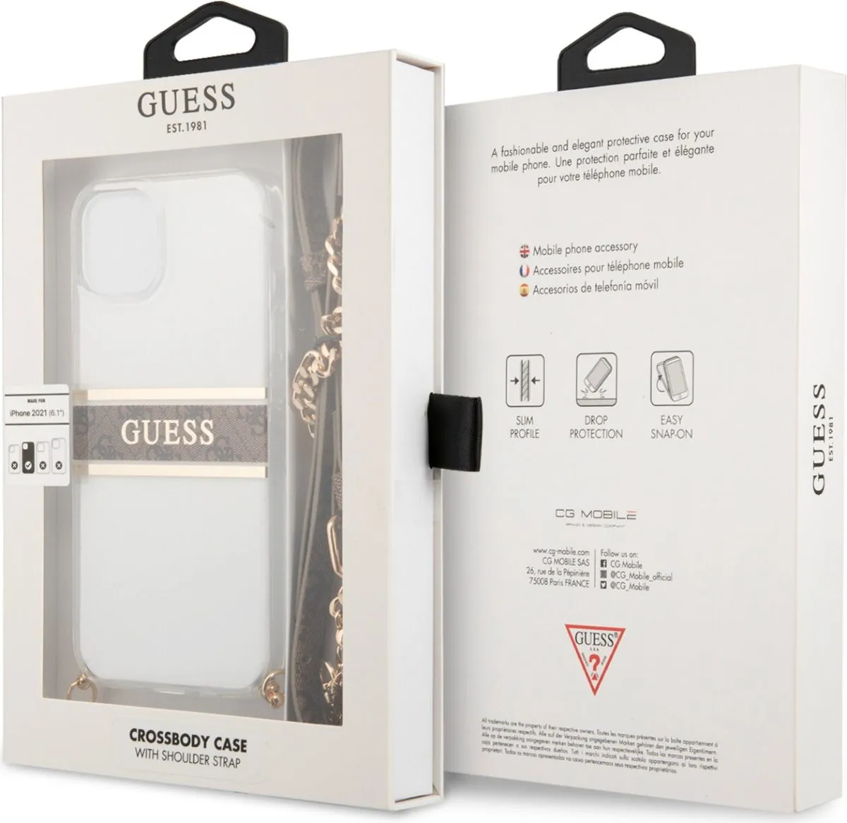Guess PC/TPU Transparent Case 4G Stripe With Crossbody Chain For iPhone 13 (6.1) - Gold