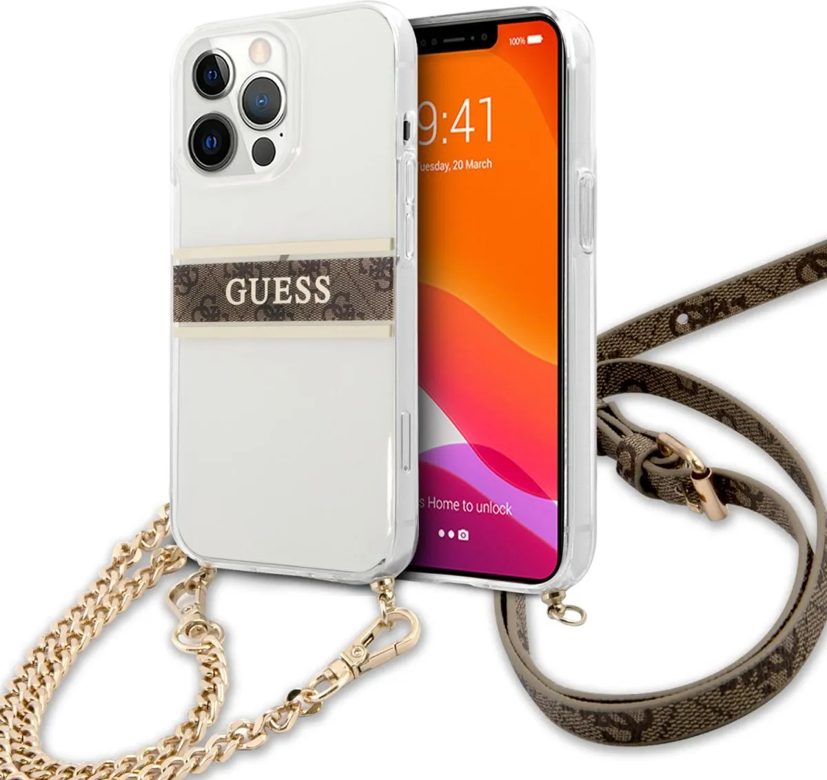 Guess PC/TPU Transparent Case 4G Stripe With Crossbody Chain For iPhone 13 Pro Max (6.7) - Gold