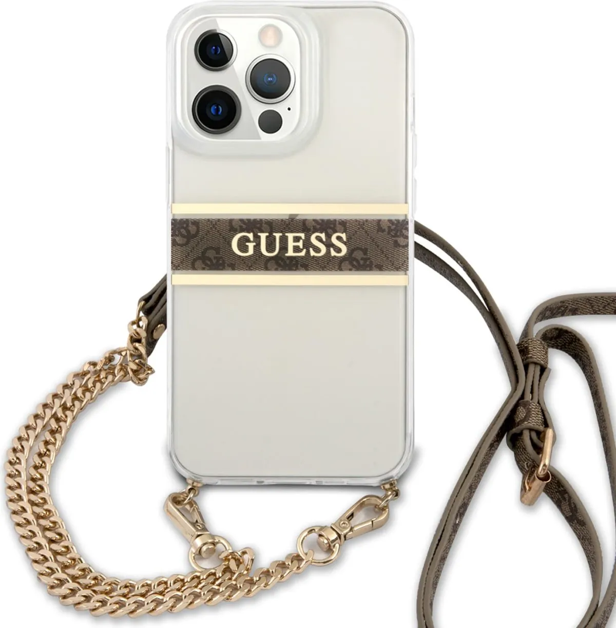 Guess PC/TPU Transparent Case 4G Stripe With Crossbody Chain For iPhone 13 Pro Max (6.7) - Gold