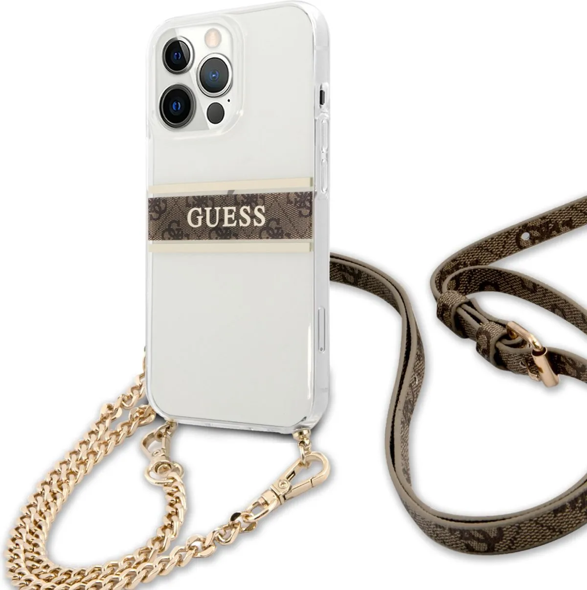 Guess PC/TPU Transparent Case 4G Stripe With Crossbody Chain For iPhone 13 Pro Max (6.7) - Gold