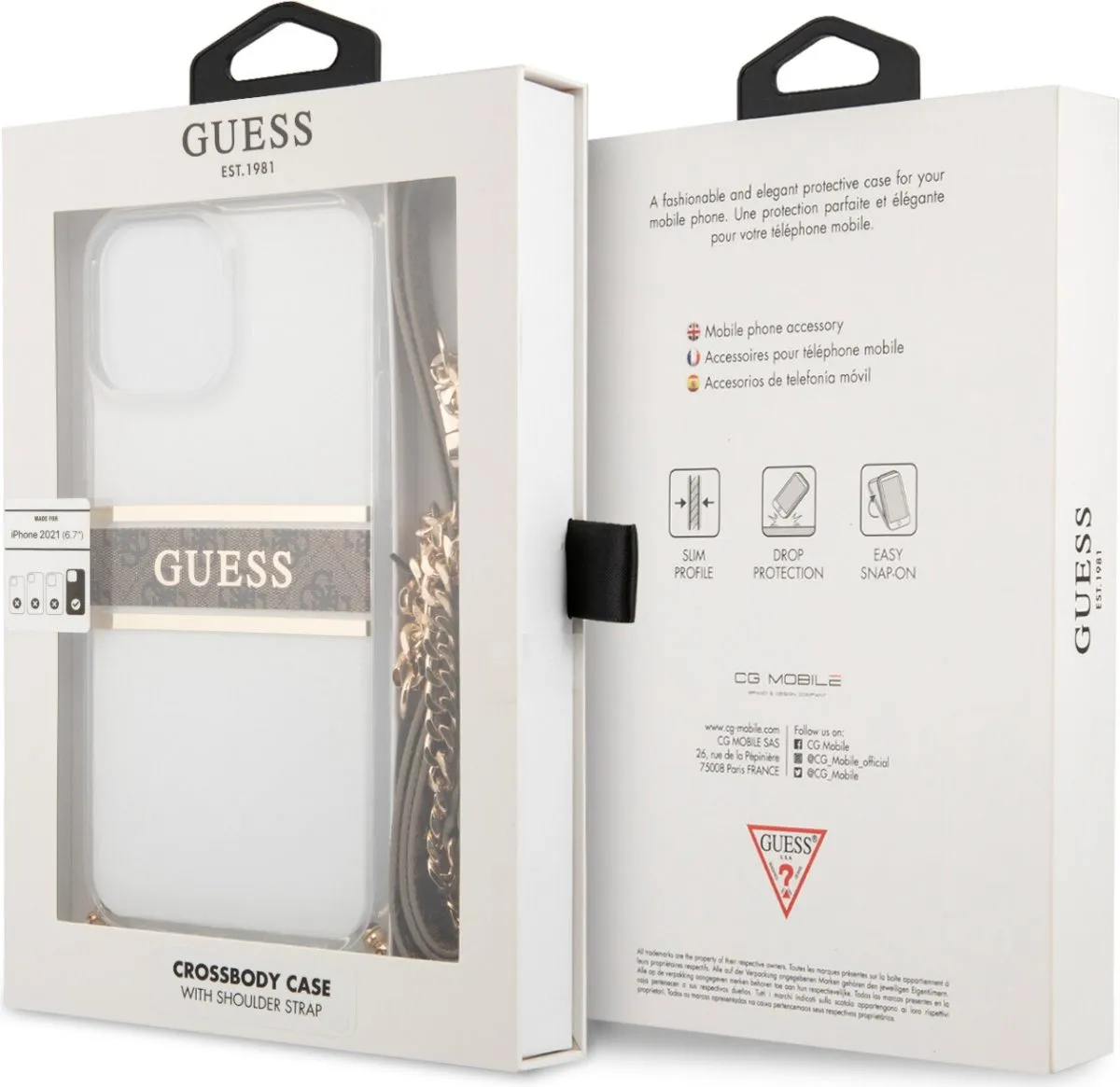 Guess PC/TPU Transparent Case 4G Stripe With Crossbody Chain For iPhone 13 Pro Max (6.7) - Gold