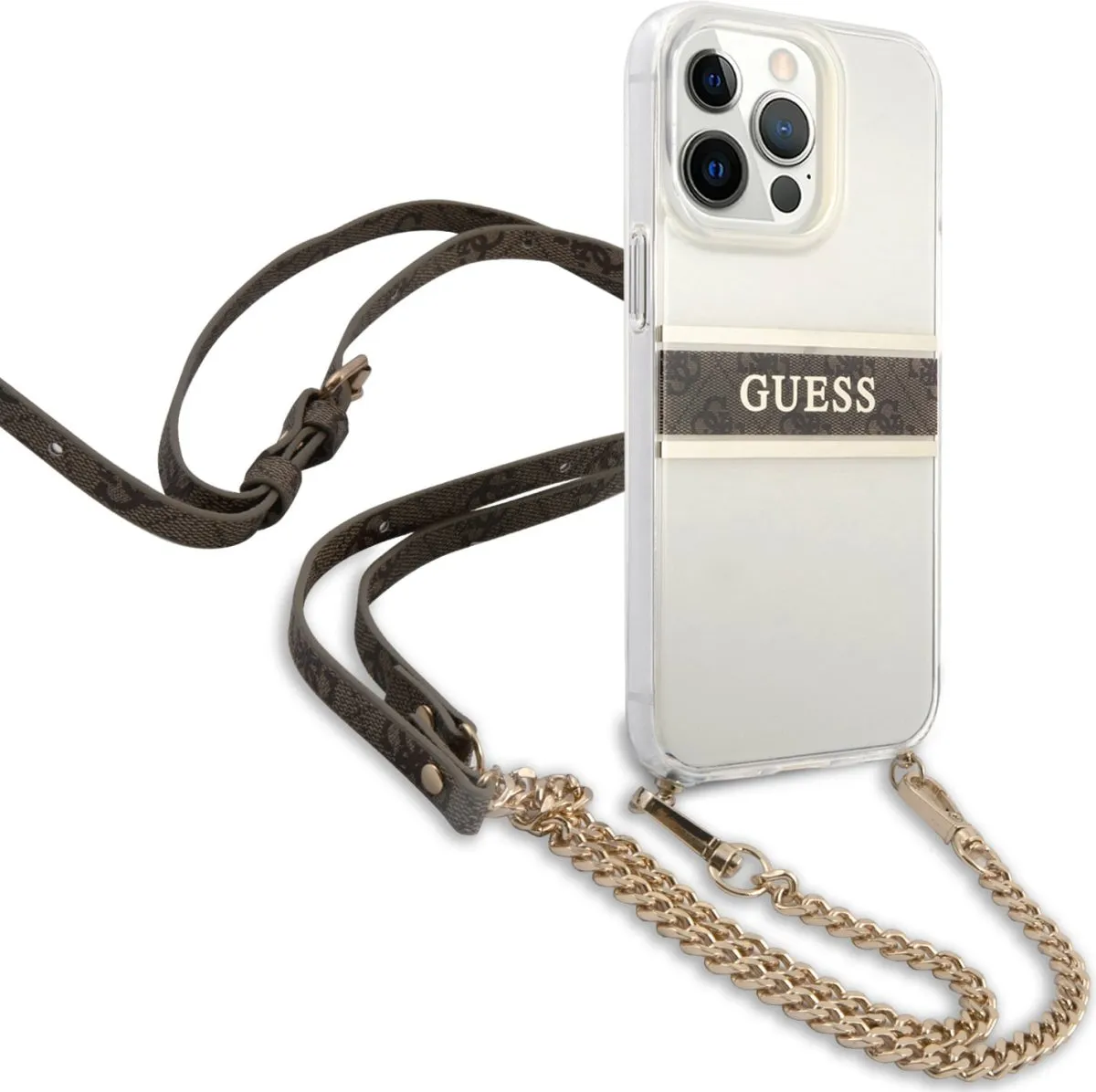 Guess PC/TPU Transparent Case 4G Stripe With Crossbody Chain For iPhone 13 Pro Max (6.7) - Gold
