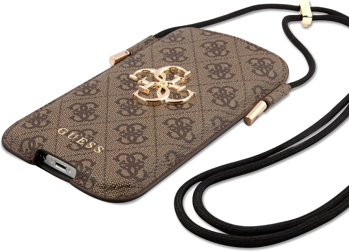 Guess 4G Script Pouch Case with Cord for iPhone 13 / 13 Pro ( 6.1 ) - Brown