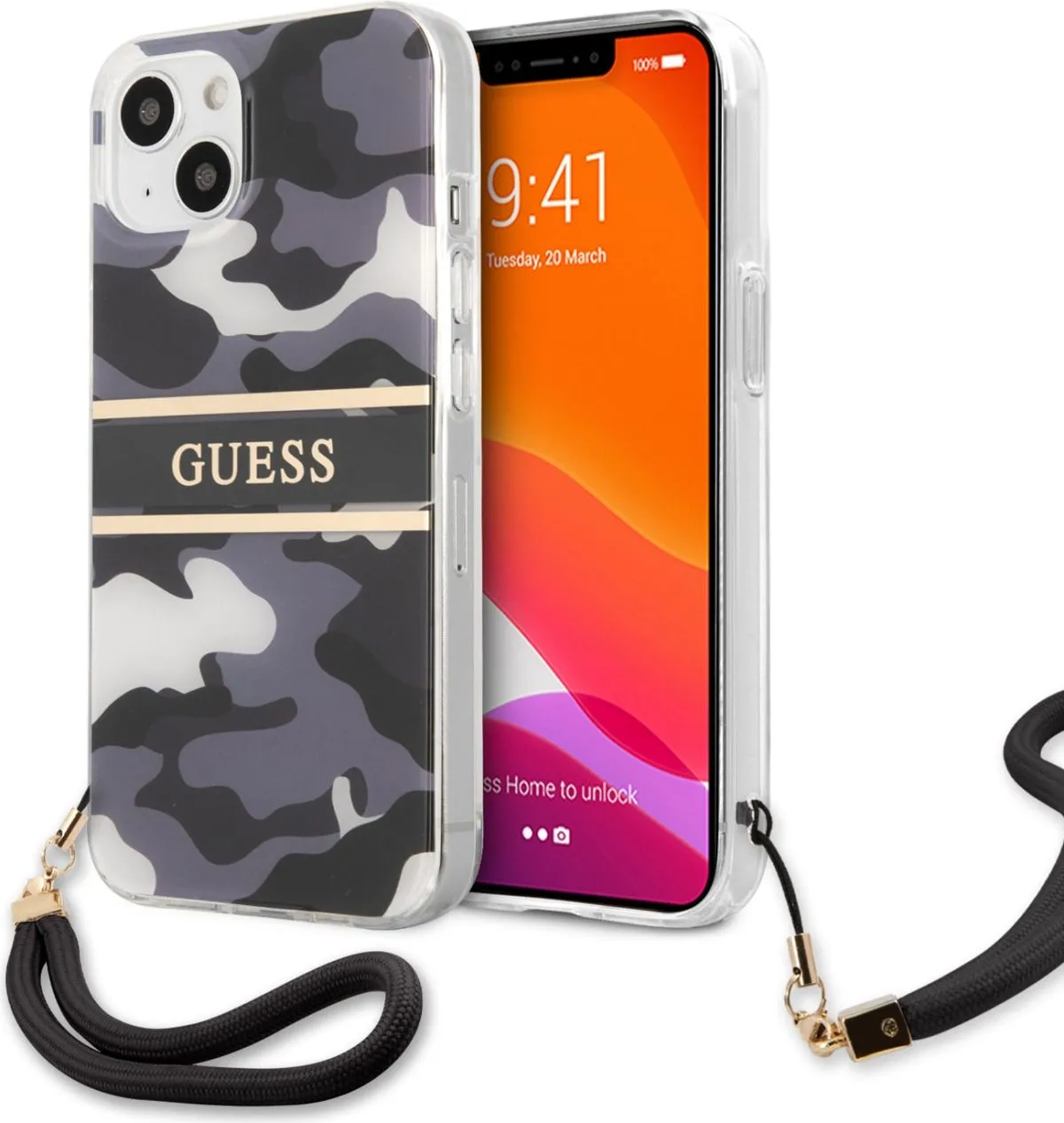 Guess PC/TPU Case Camo Design And Stripe With Nylon Strap For iPhone 13 (6.1) - Black