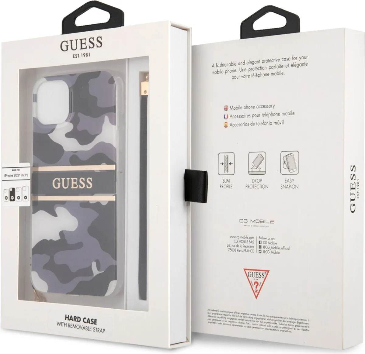 Guess PC/TPU Case Camo Design And Stripe With Nylon Strap For iPhone 13 (6.1) - Black