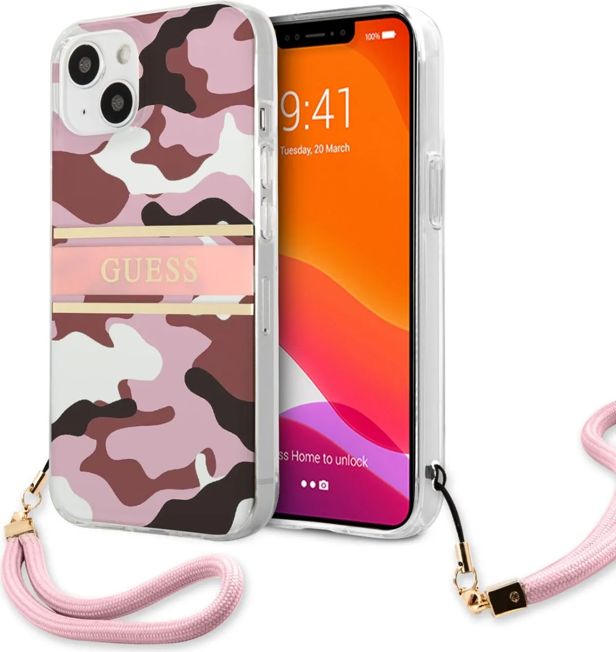 Guess PC/TPU Case Camo Design And Stripe With Nylon Strap For iPhone 13 (6.1") - Pink