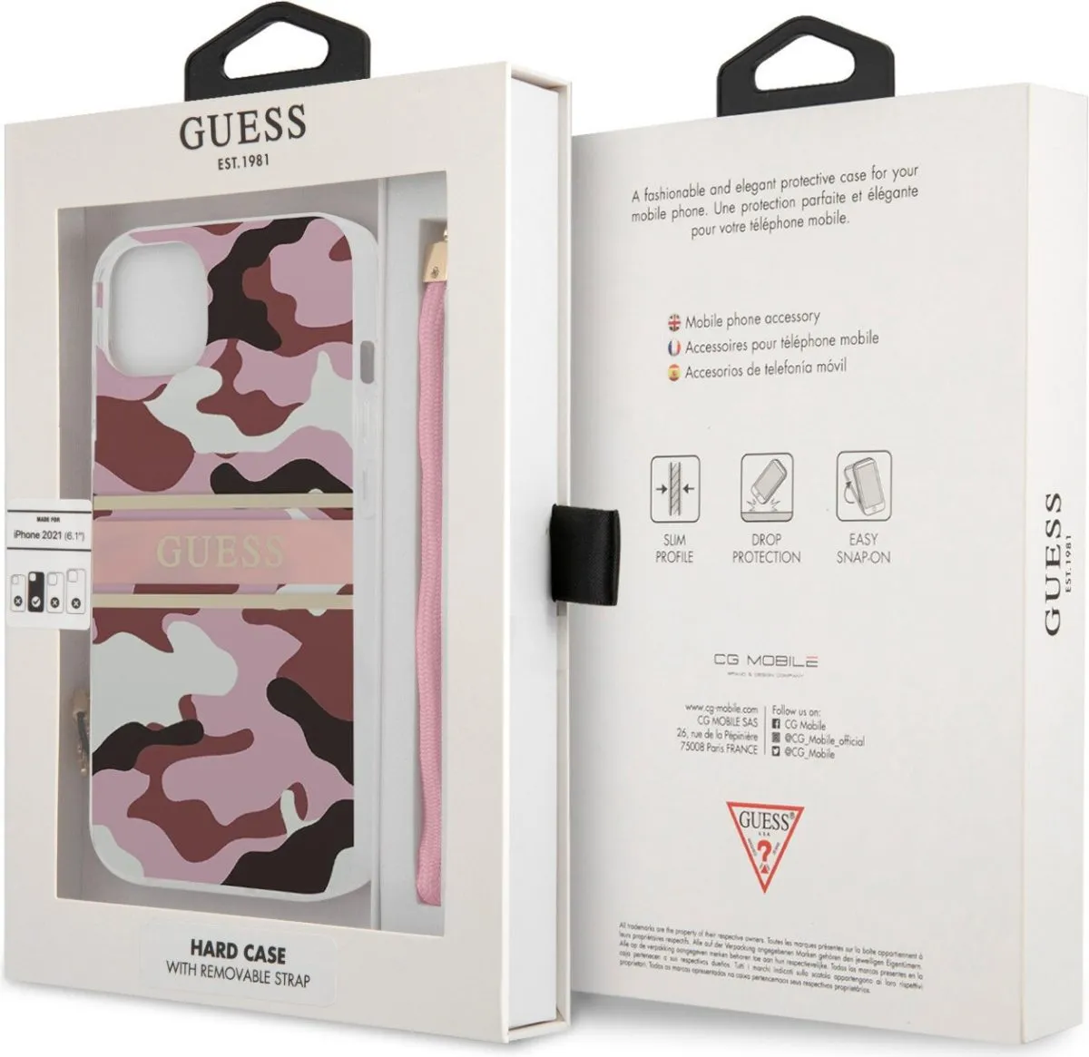 Guess PC/TPU Case Camo Design And Stripe With Nylon Strap For iPhone 13 (6.1") - Pink