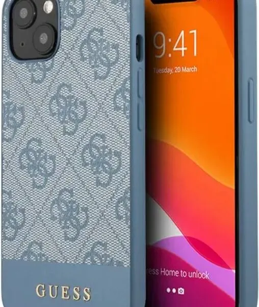 Guess PC/TPU 4G PU Case With Bottom Stripe Metal Logo For iPhone 13 (6.1") - Blue