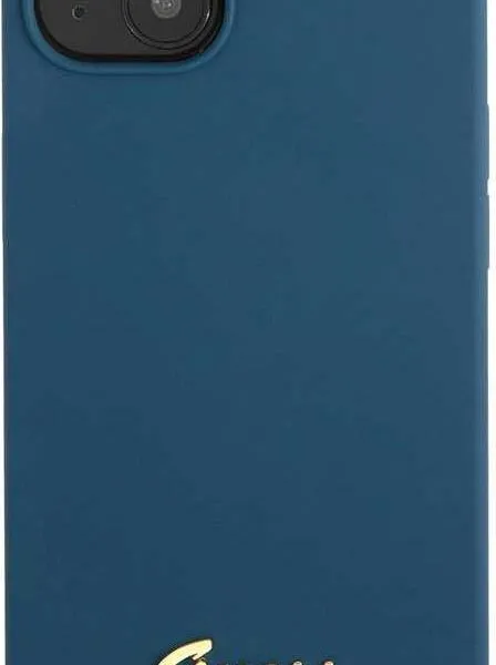 Guess Liquid Silicone Case With Gold Metal Logo Script For iPhone 13 (6.1") - Blue
