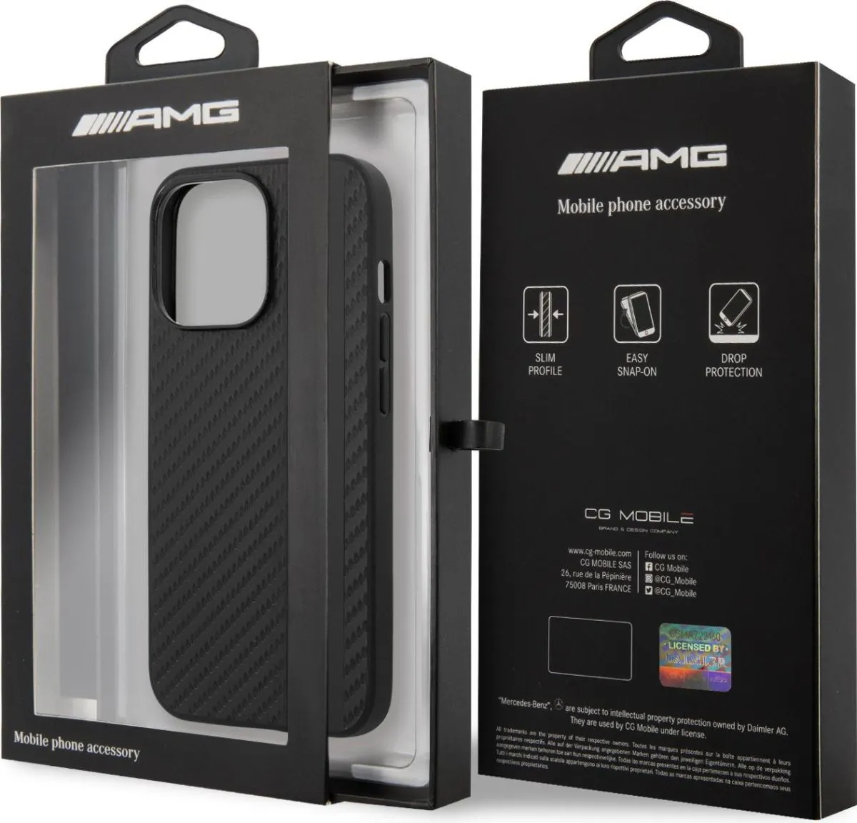 AMG PC/TPU Case With PU Carbon Effect Gray Leather Stripe And Hot Stamped Logo For iPhone 13 Pro (6.1") - Black