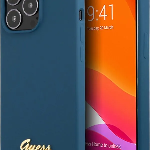 Guess Liquid Silicone Case With Gold Metal Logo Script For iPhone 13 Pro (6.1") - Blue
