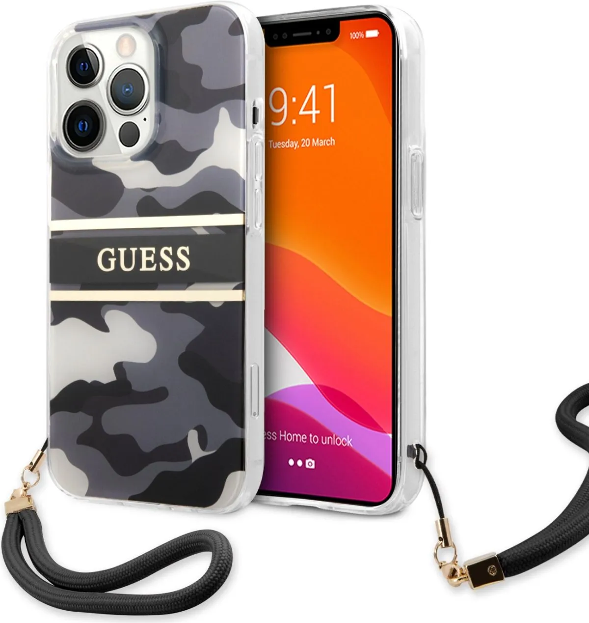 Guess PC/TPU Case Camo Design And Stripe With Nylon Strap For iPhone 13 Pro (6.1") - Black