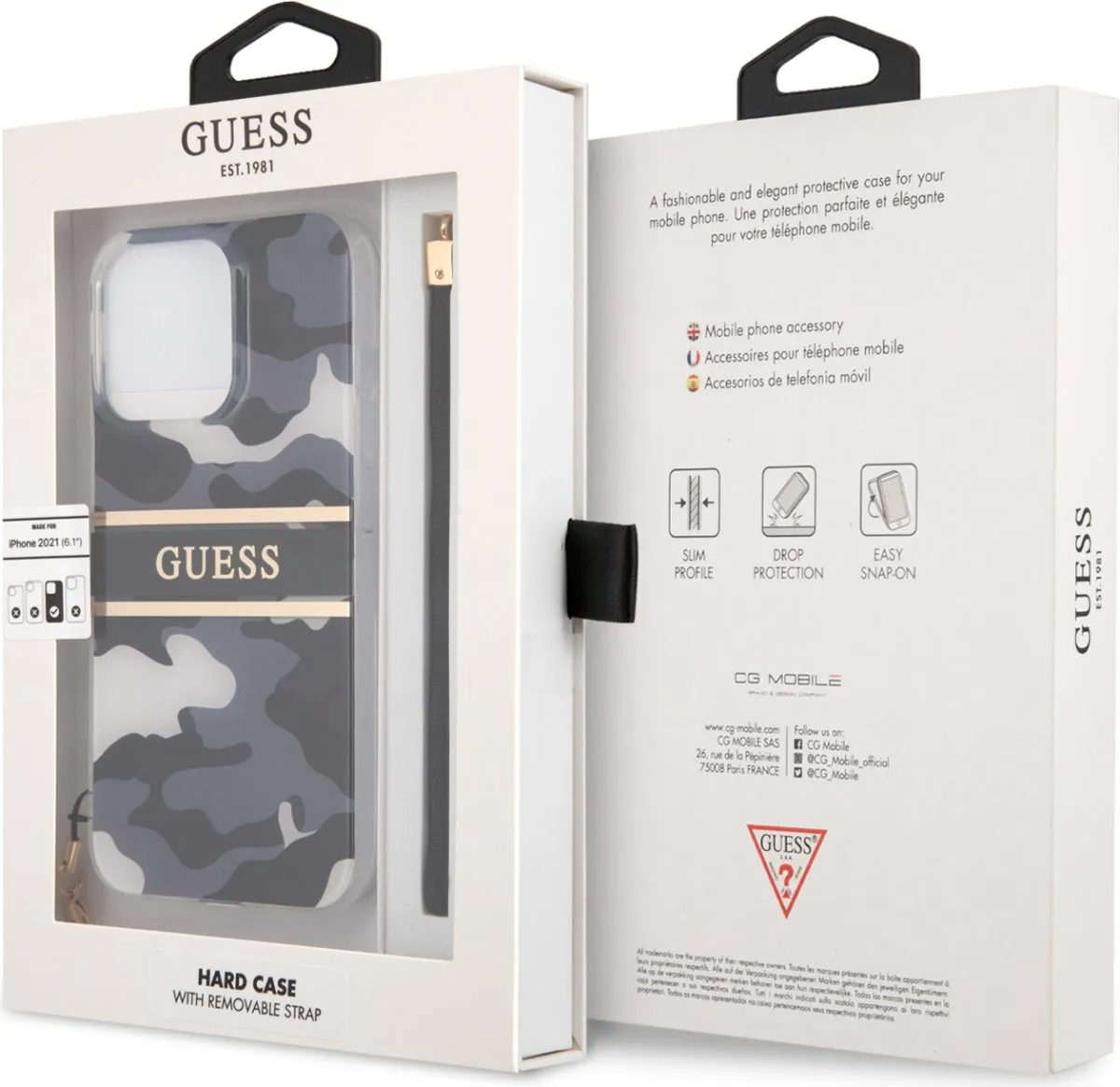 Guess PC/TPU Case Camo Design And Stripe With Nylon Strap For iPhone 13 Pro (6.1") - Black