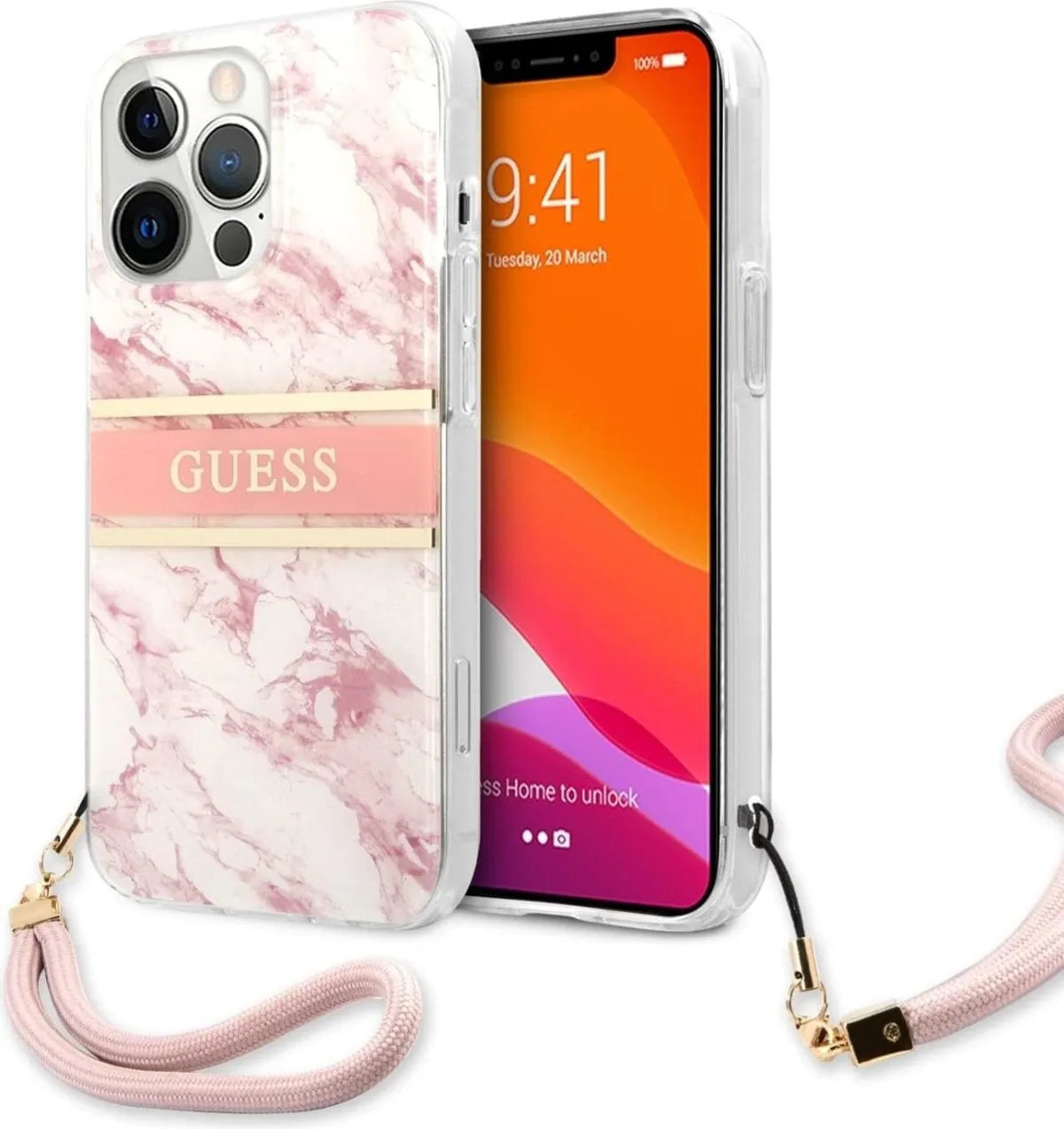 Guess PC/TPU Case Marble Design And Stripe With Nylon Strap For iPhone 13 Pro Max (6.7") - Pink