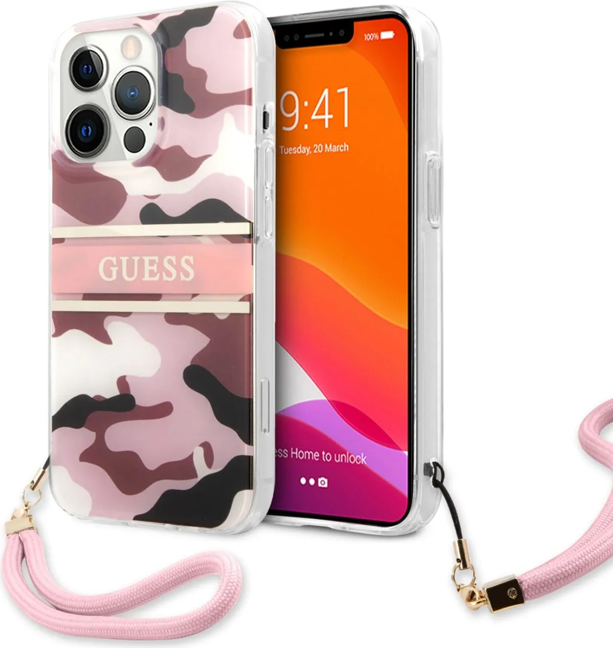 Guess PC/TPU Case Camo Design And Stripe With Nylon Strap For iPhone 13 Pro Max (6.7") - Pink