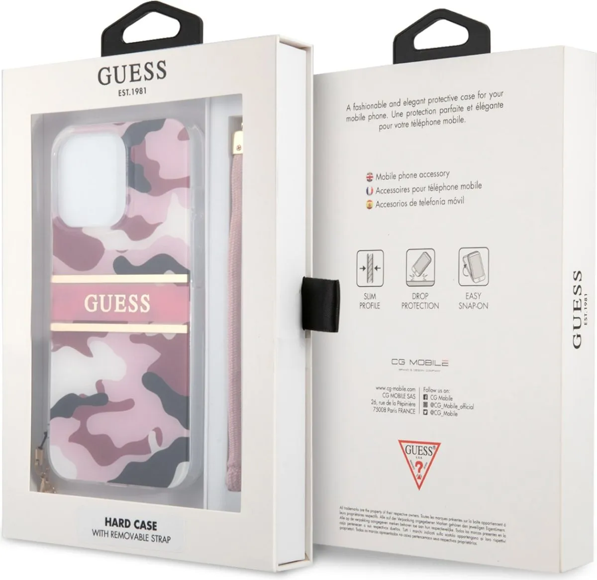 Guess PC/TPU Case Camo Design And Stripe With Nylon Strap For iPhone 13 Pro Max (6.7") - Pink