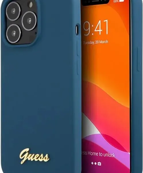 Guess Liquid Silicone Case With Gold Metal Logo Script For iPhone 13 Pro Max (6.7") - Blue