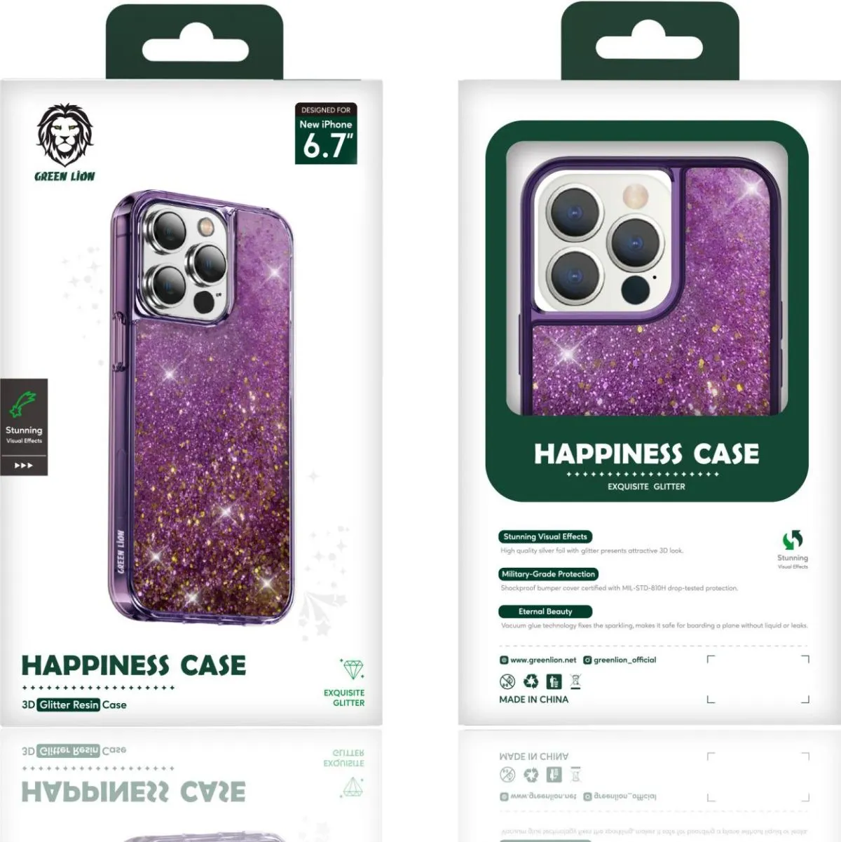 Green Lion Happiness 3D Glitter Resin Case for iPhone 14 Max (6.7) - Purple
