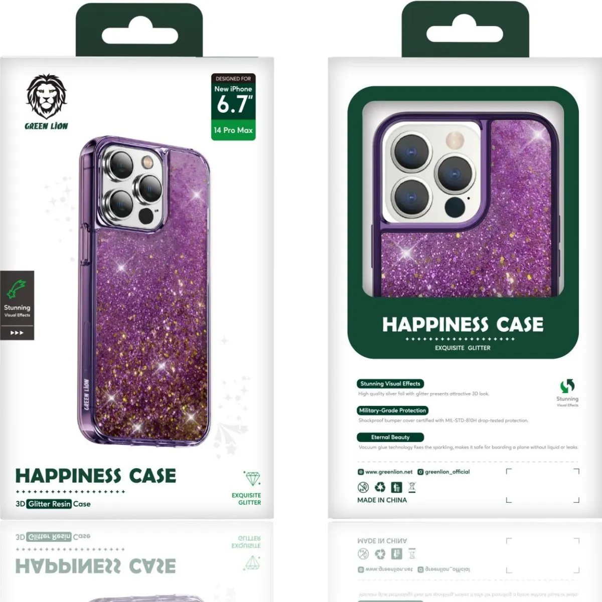 Green Happiness 3D Glitter Resin Case for iPhone 14 Pro Max (6.7) - Purple