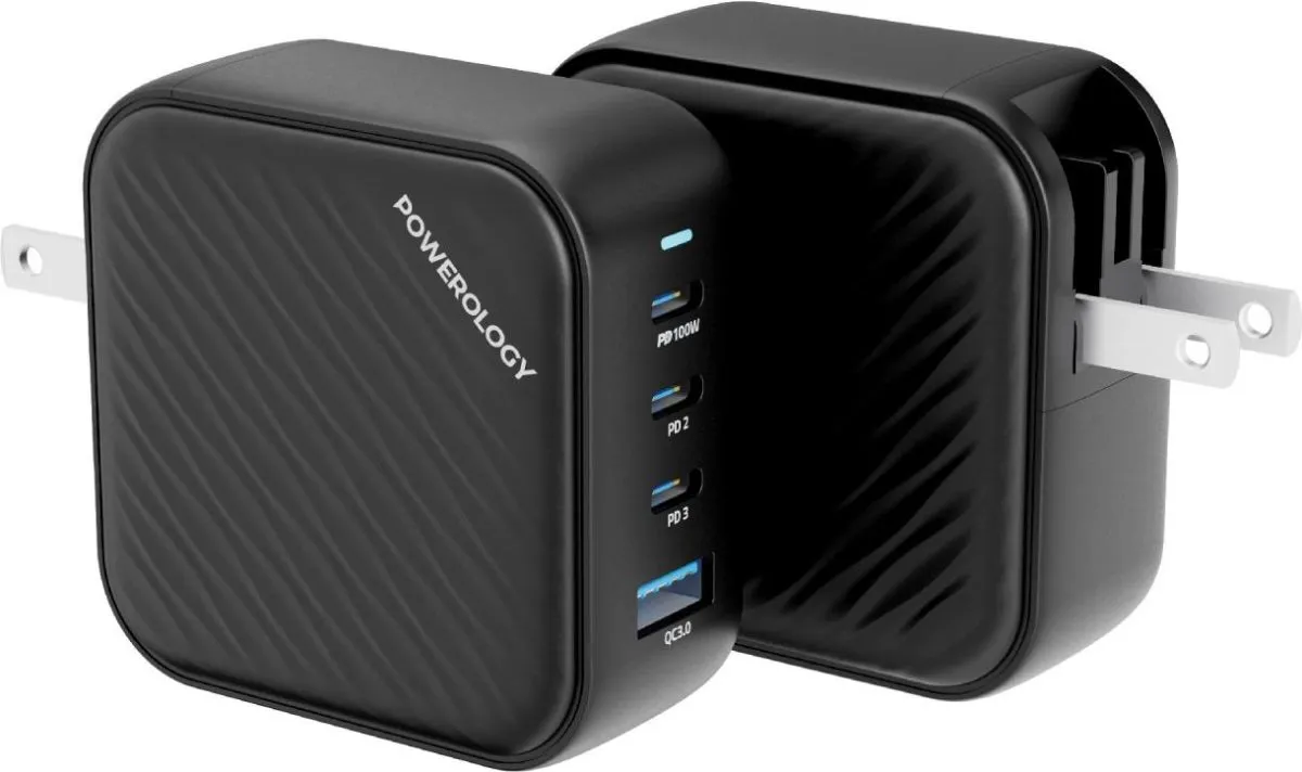Powerology 3 Port PD + 1 QC3.0 GaN Wall Charger 100W - Black