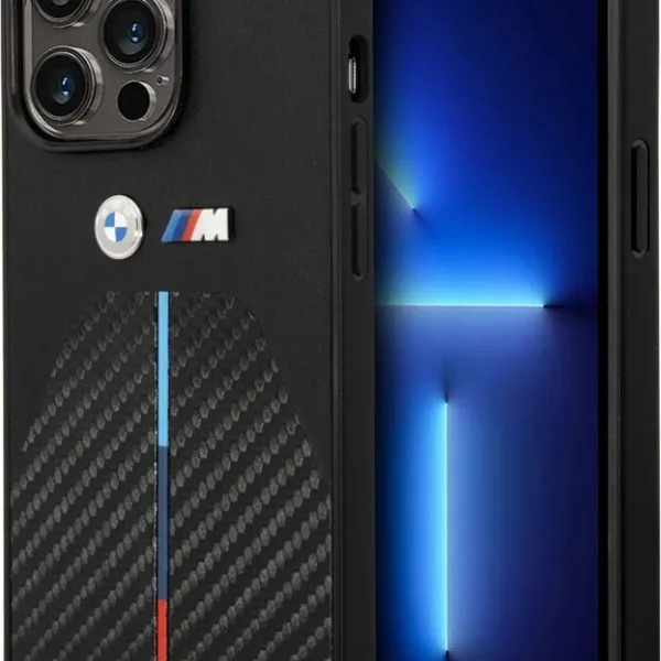 BMW M Collection Quilted PU Carbon Case With Hot Stamped Tricolor Stripe & Metal Logo for iPhone 14 Pro Max