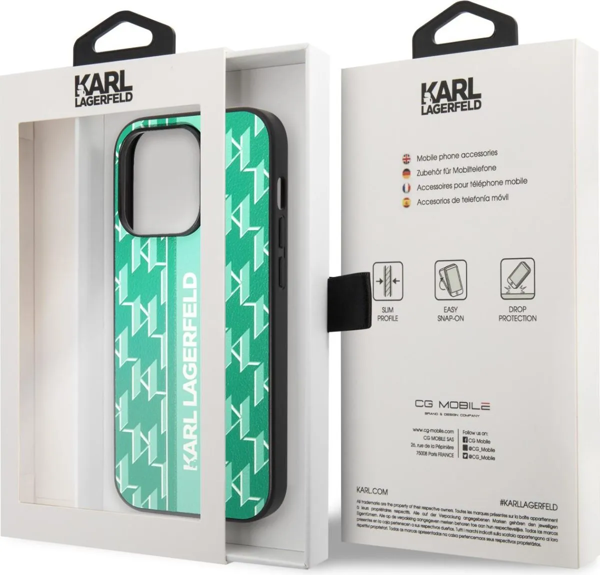 Karl Lagerfeld Grained PU Leather Case With Monogram Pattern & Vertical Logo Strip for iPhone 14 Pro