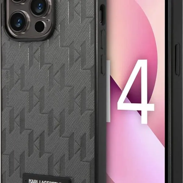 Karl Lagerfeld Saffiano Monogram Case with Metal Camera Frame for iPhone 14 Pro