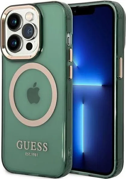 Guess Magsafe Case With Translucent Gold Outline For iPhone 14 Pro Max
