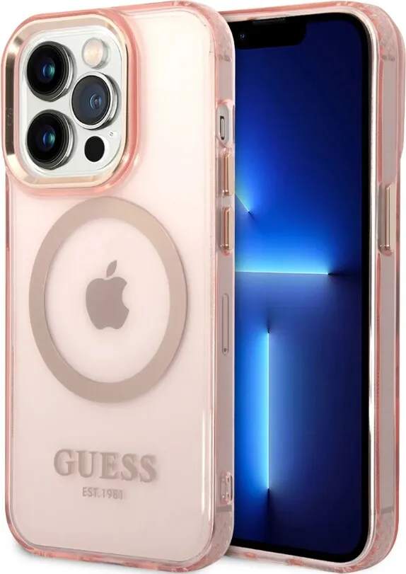 Guess Magsafe Case With Translucent Gold Outline For iPhone 14 Pro Max