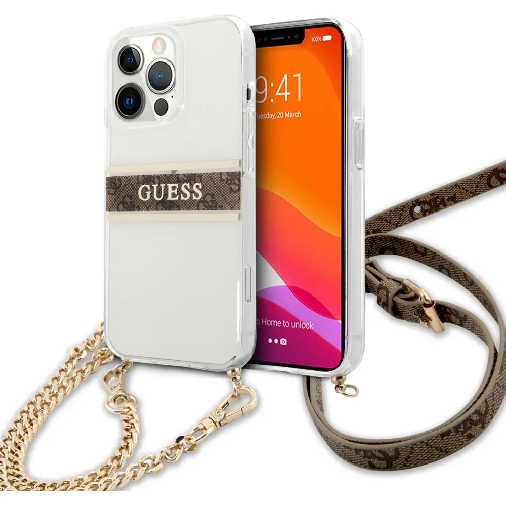 Guess Transparente Hülle Stripe mit Crossbody Chain für Apple iPhone 13 Pro - Gold