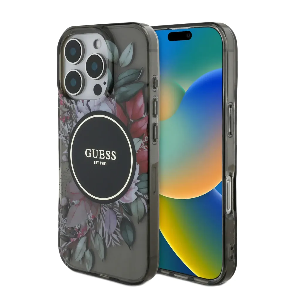 Guess IML Case mit Flower für iPhone 16 Pro Max - Schwarz