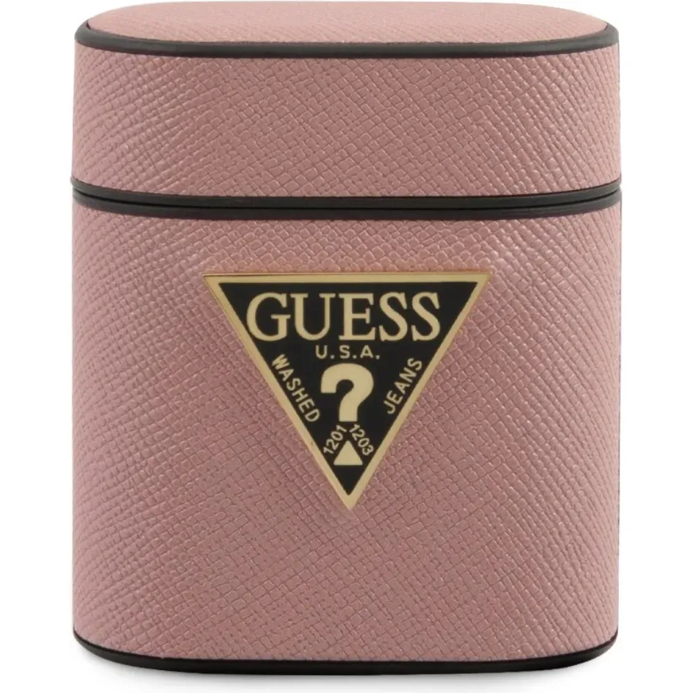 Guess Saffiano Rundform-Hülle mit Metalllogo für AirPods 1/2 - Pink