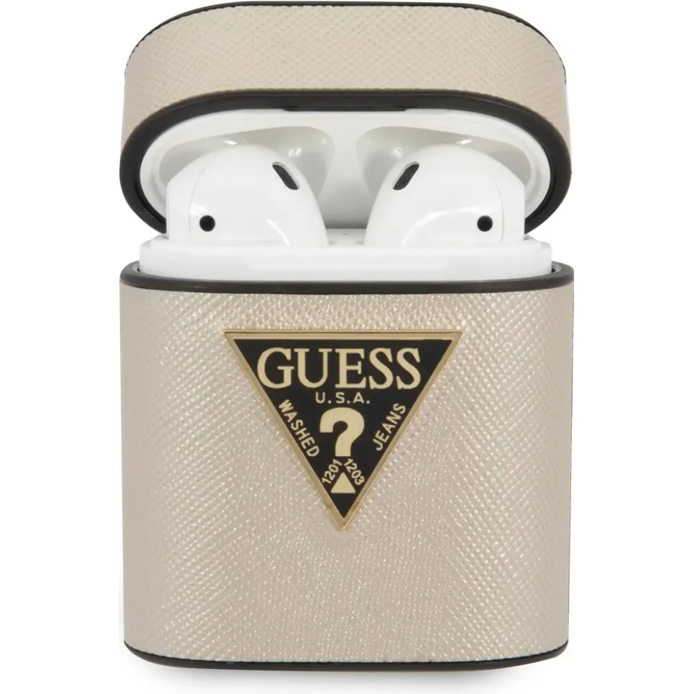 Guess Saffiano Rundform-Hülle mit Metalllogo für AirPods 1/2 - Beige