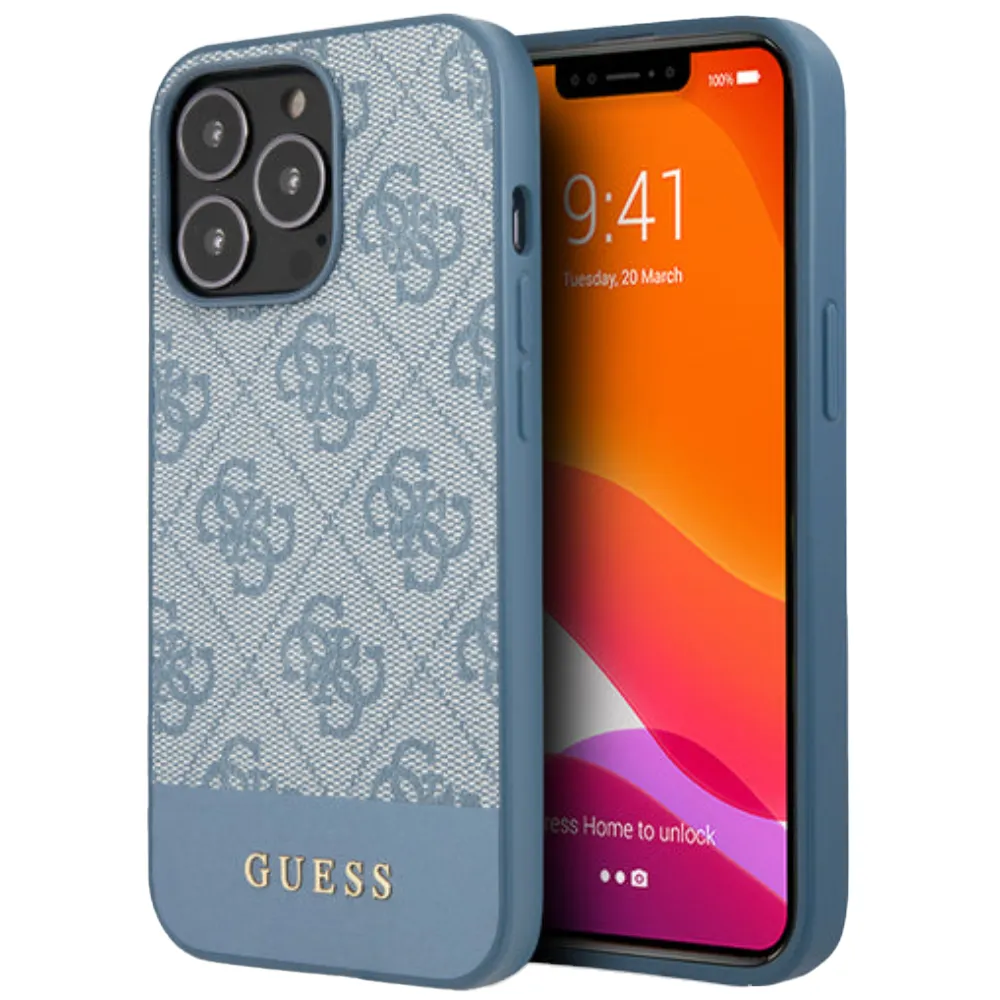 Guess HC PC/TPU 4G PU Streifen an der Unterseite für iPhone 13 Pro - Blau