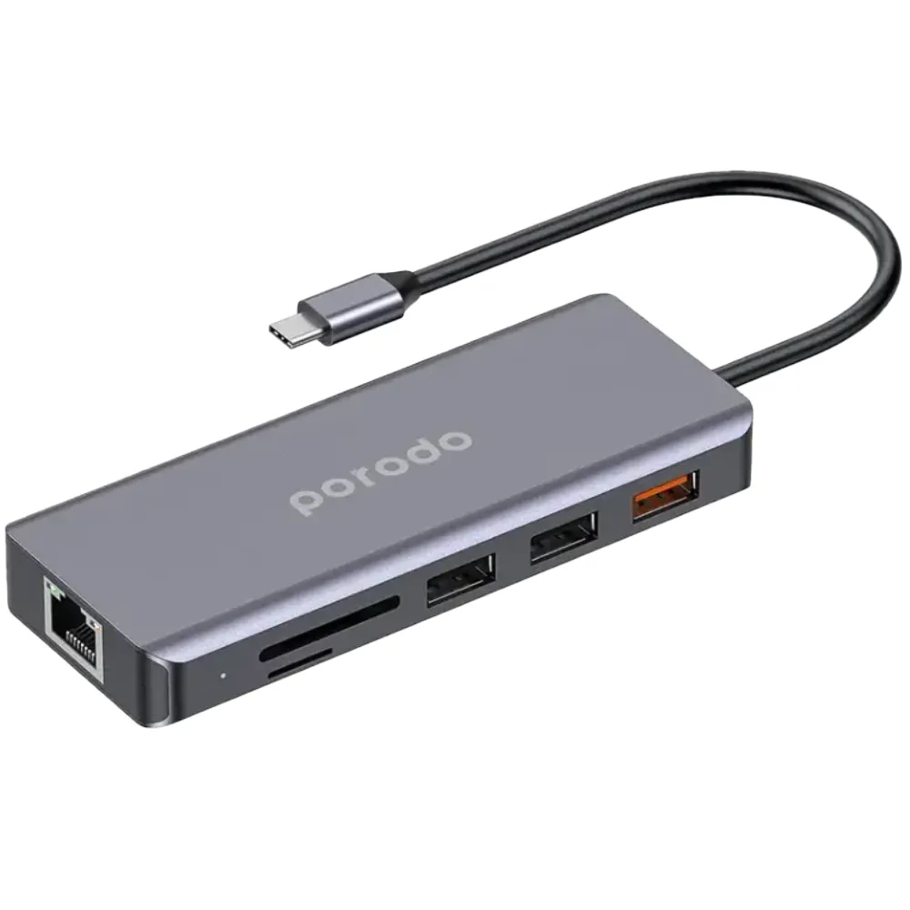 Porodo 9in1 USB-C Hub Typ-C PD 100W HDMI Ethernet USB SD Karte 3,5mm Aux - Grau