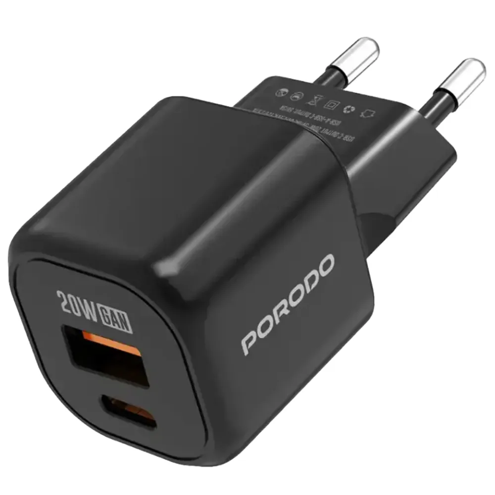 Porodo Dual Port Wandladegerät - Schwarz