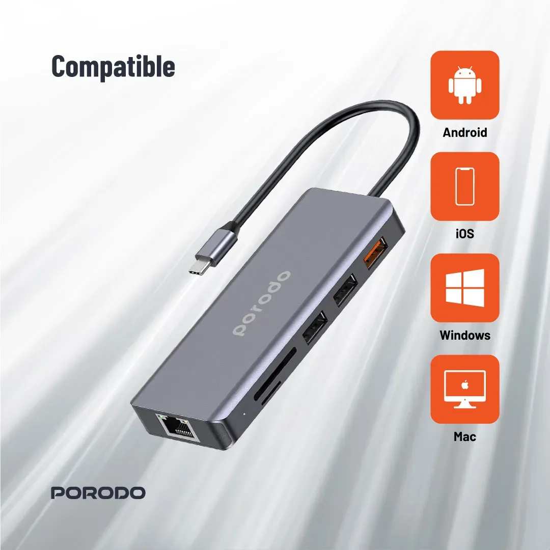 9in1 USB-C Hub Typ-C PD 100W HDMI Ethernet USB SD Karte 3,5mm Aux - Grau