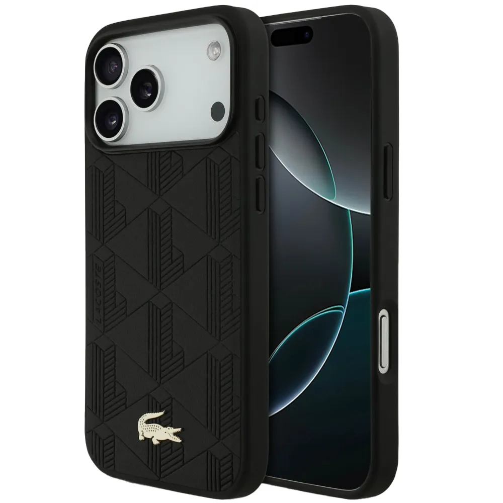 Lacoste MagSafe PU Leder Case mit Monogramm und Gold Logo für iPhone 17 Pro Max - Schwarz